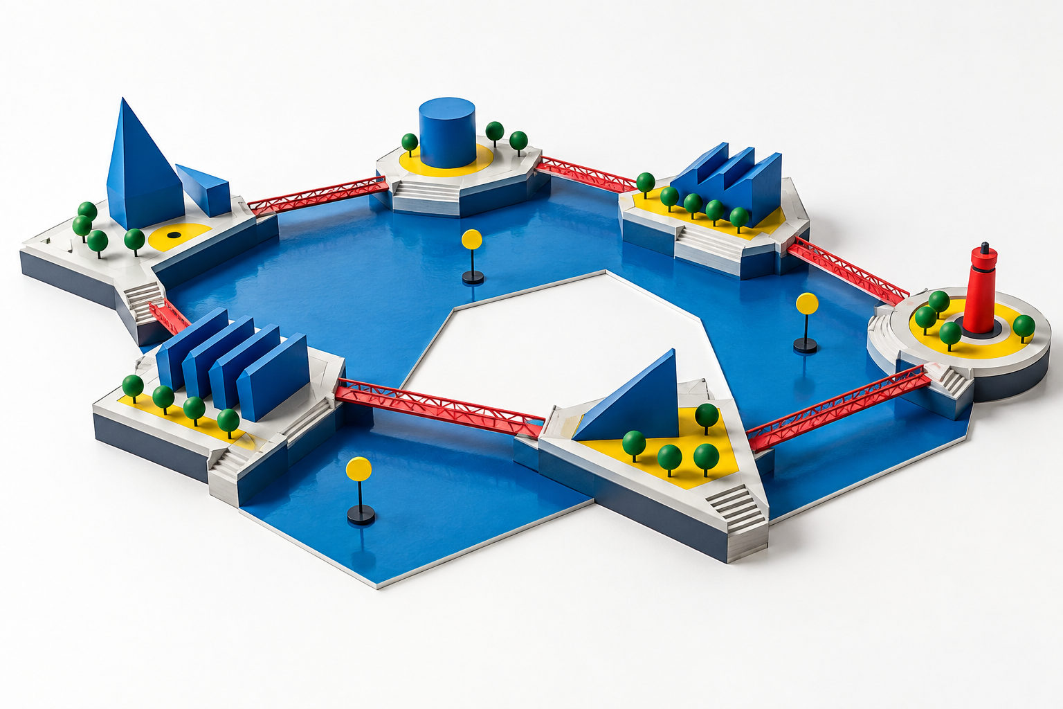 Six abstract blue spaces joined by red bridges